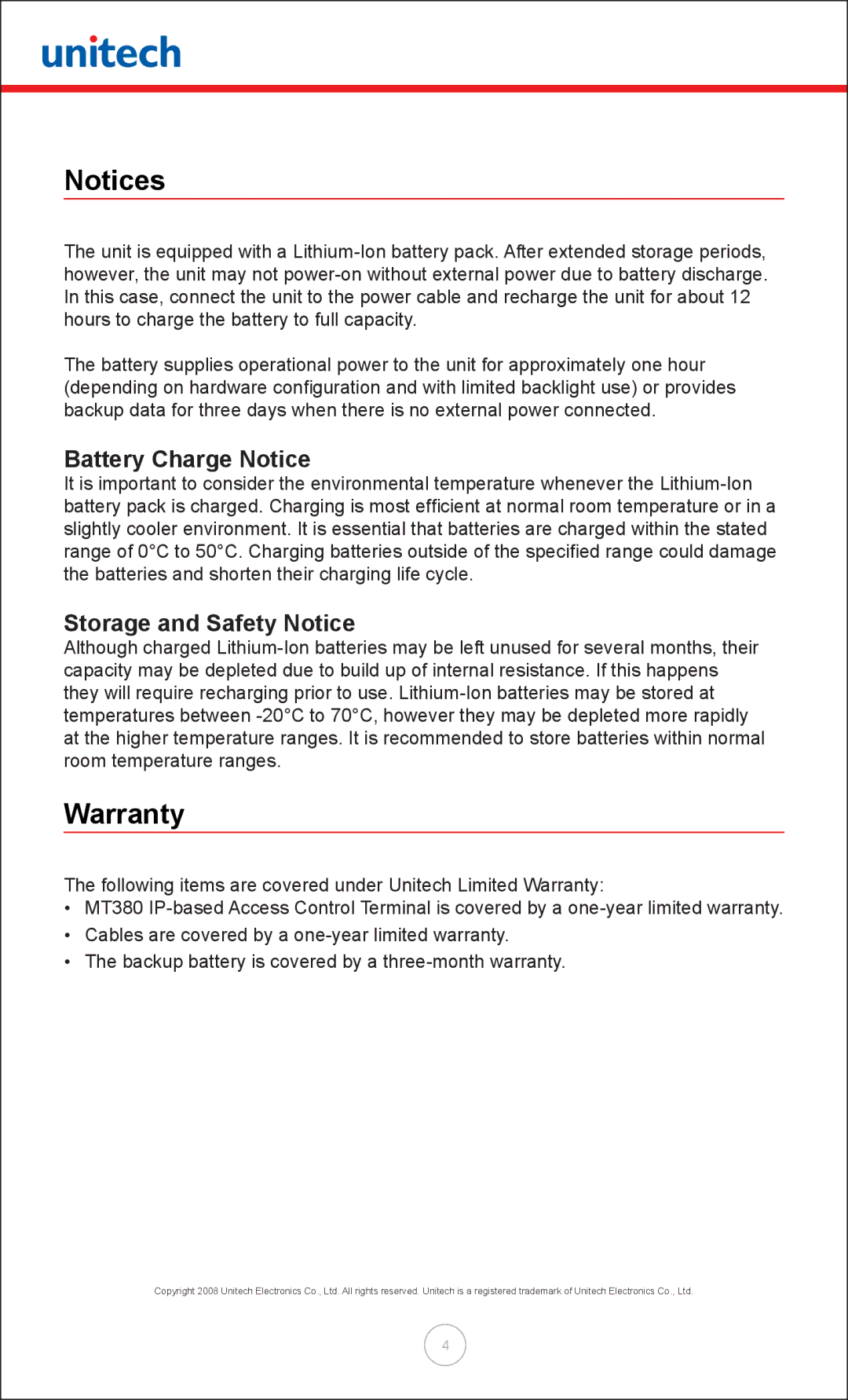 Unitech MT380 user manual Warranty, Battery Charge Notice, Storage and Safety Notice 