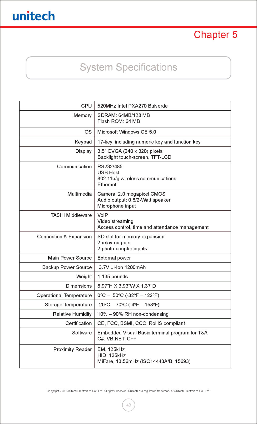 Unitech MT380 user manual System Specifications, Cpu 