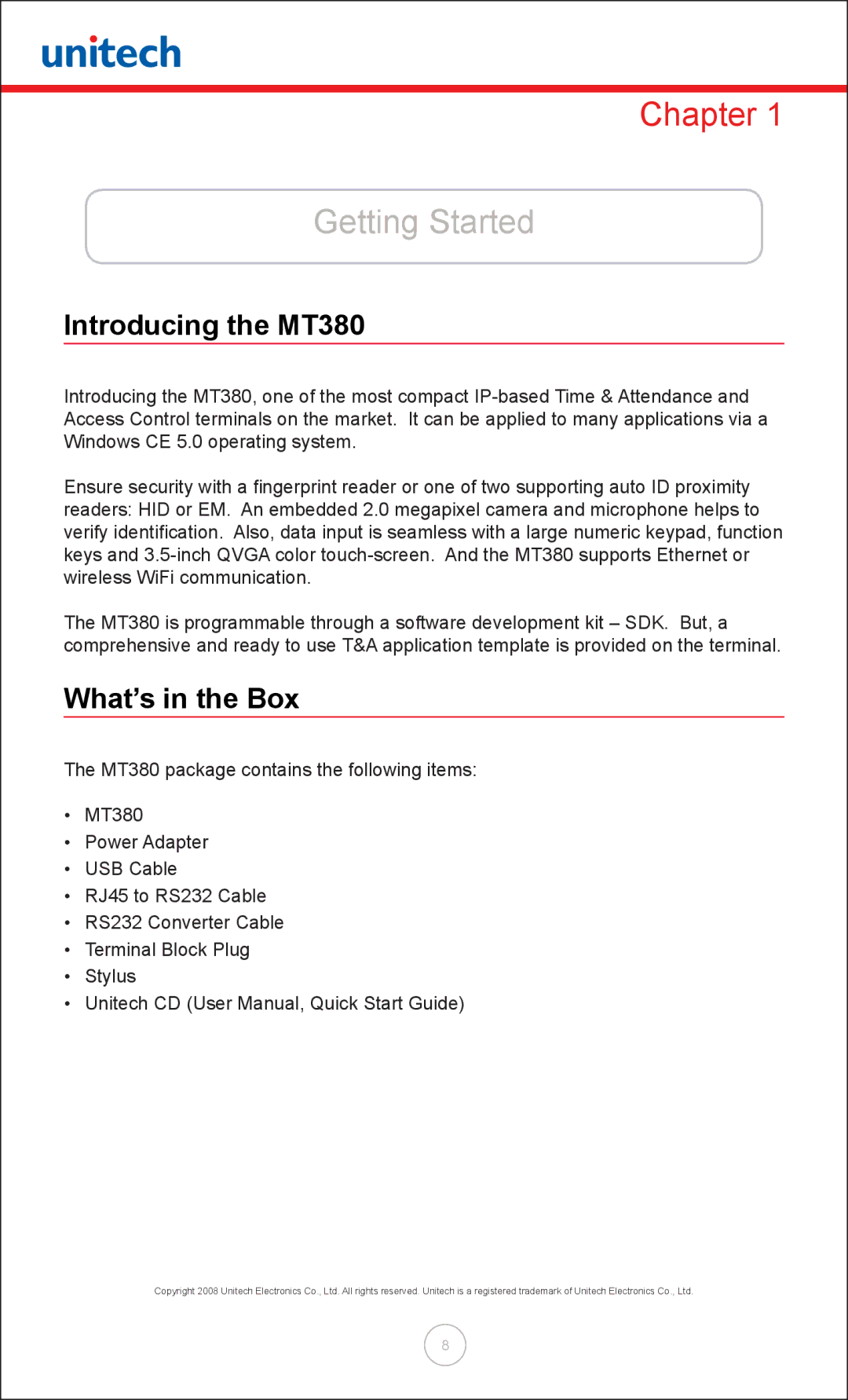 Unitech user manual Getting Started, Introducing the MT380, What’s in the Box 