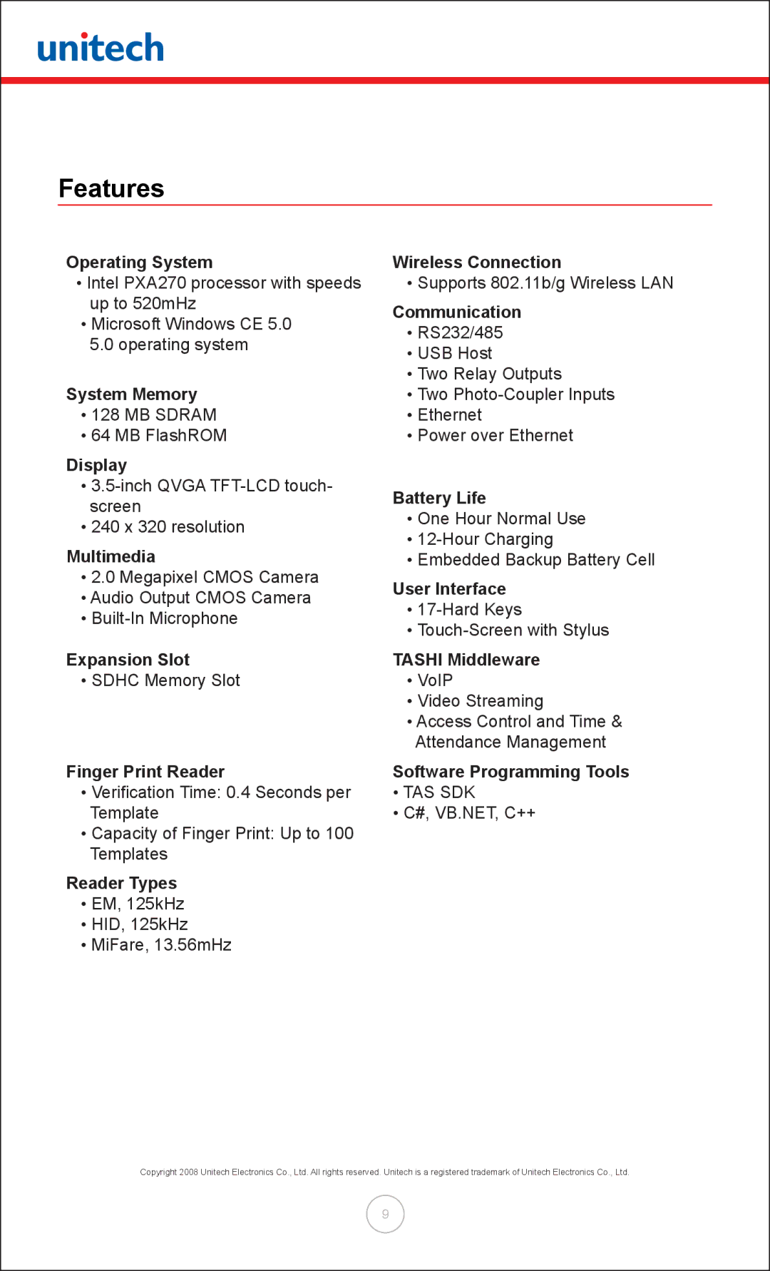 Unitech MT380 user manual Features 