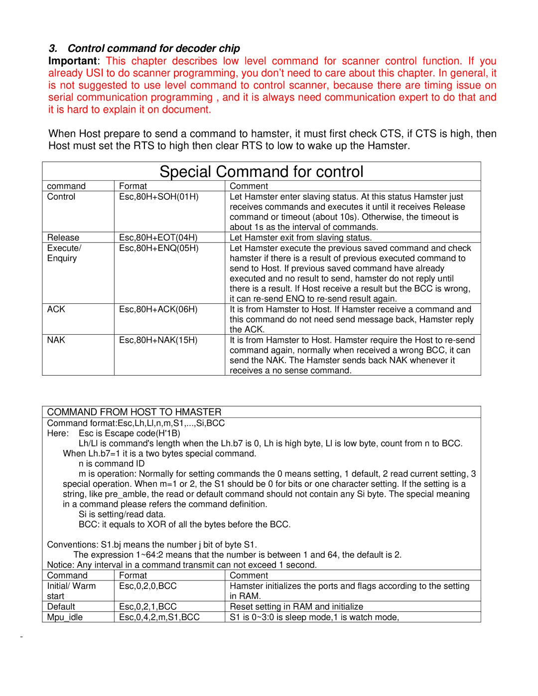 Unitech PA500 manual Special Command for control, Control command for decoder chip 