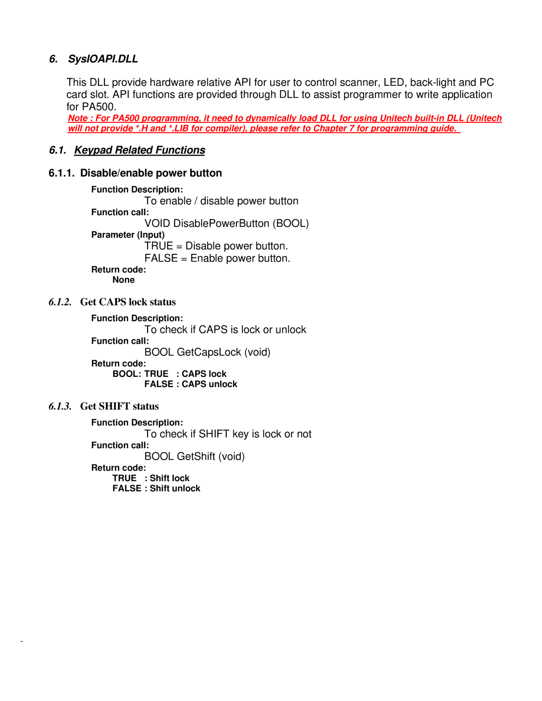 Unitech PA500 manual SysIOAPI.DLL, Keypad Related Functions, Return code Bool True Caps lock False Caps unlock 