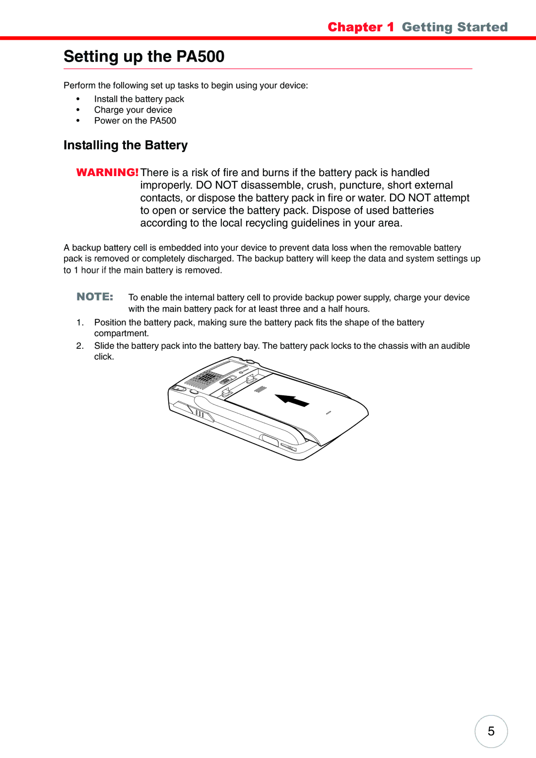 Unitech user manual Setting up the PA500, Installing the Battery 