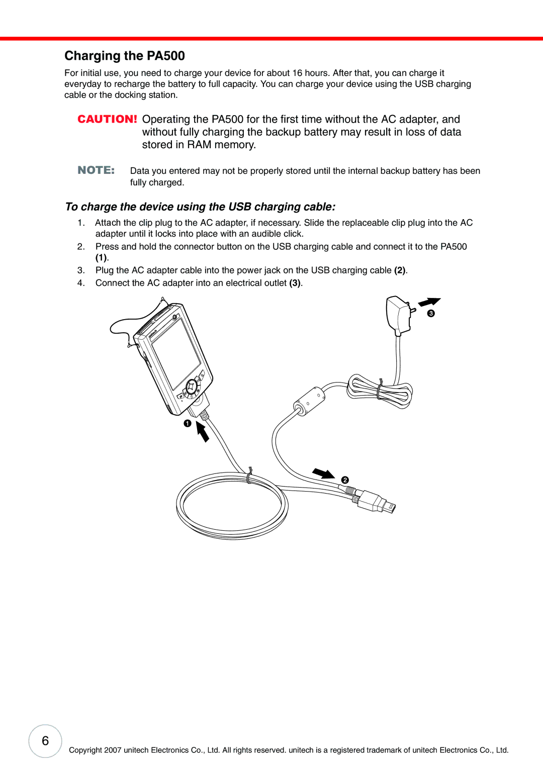 Unitech user manual Charging the PA500, To charge the device using the USB charging cable 