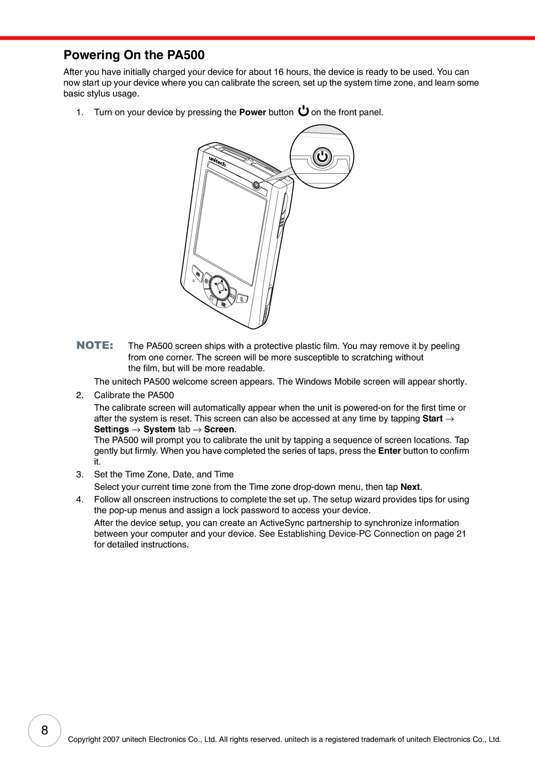 Unitech user manual Powering On the PA500 