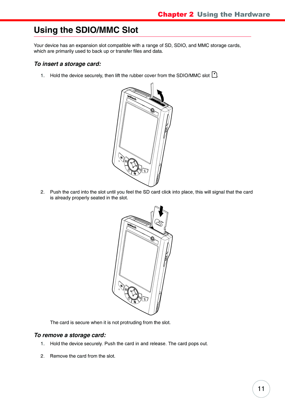 Unitech PA500 user manual Using the SDIO/MMC Slot, To insert a storage card, To remove a storage card 