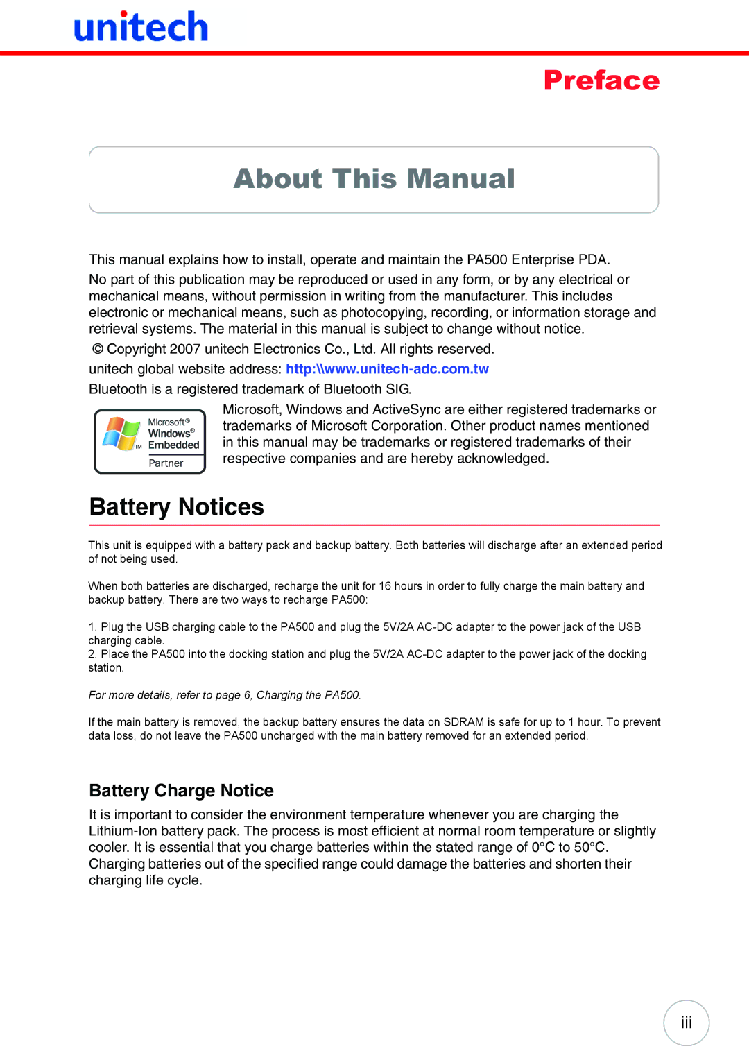 Unitech PA500 user manual Preface, Battery Charge Notice 