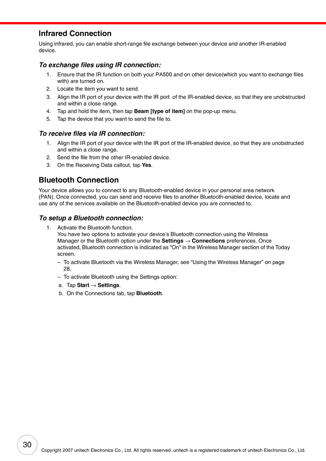 Unitech PA500 user manual Infrared Connection, Bluetooth Connection, To exchange files using IR connection 