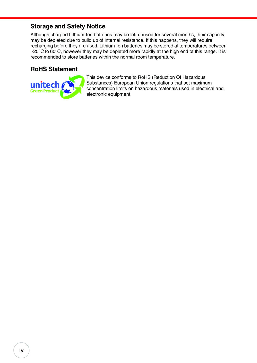 Unitech PA500 user manual Storage and Safety Notice, RoHS Statement 