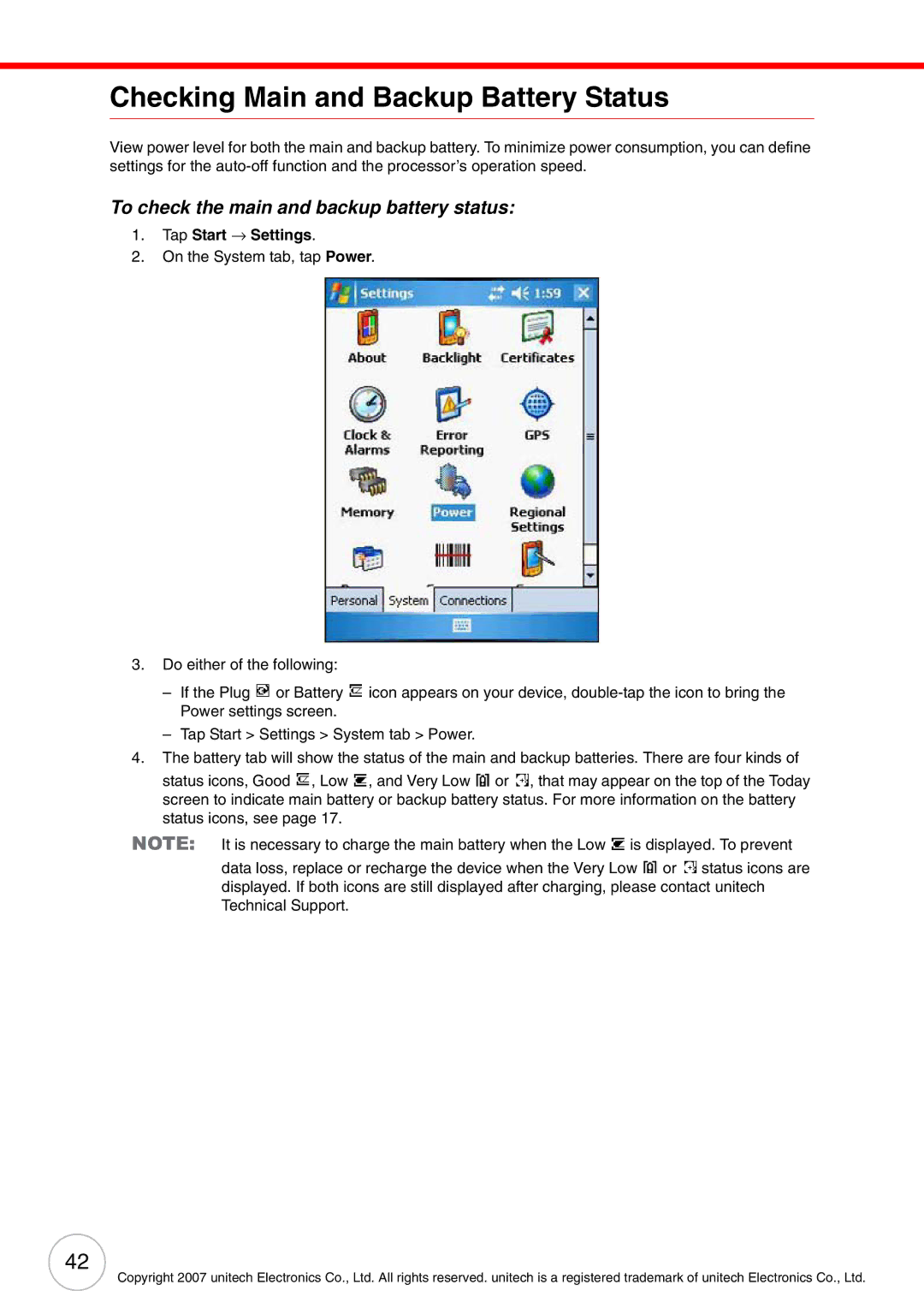 Unitech PA500 user manual Checking Main and Backup Battery Status, To check the main and backup battery status 