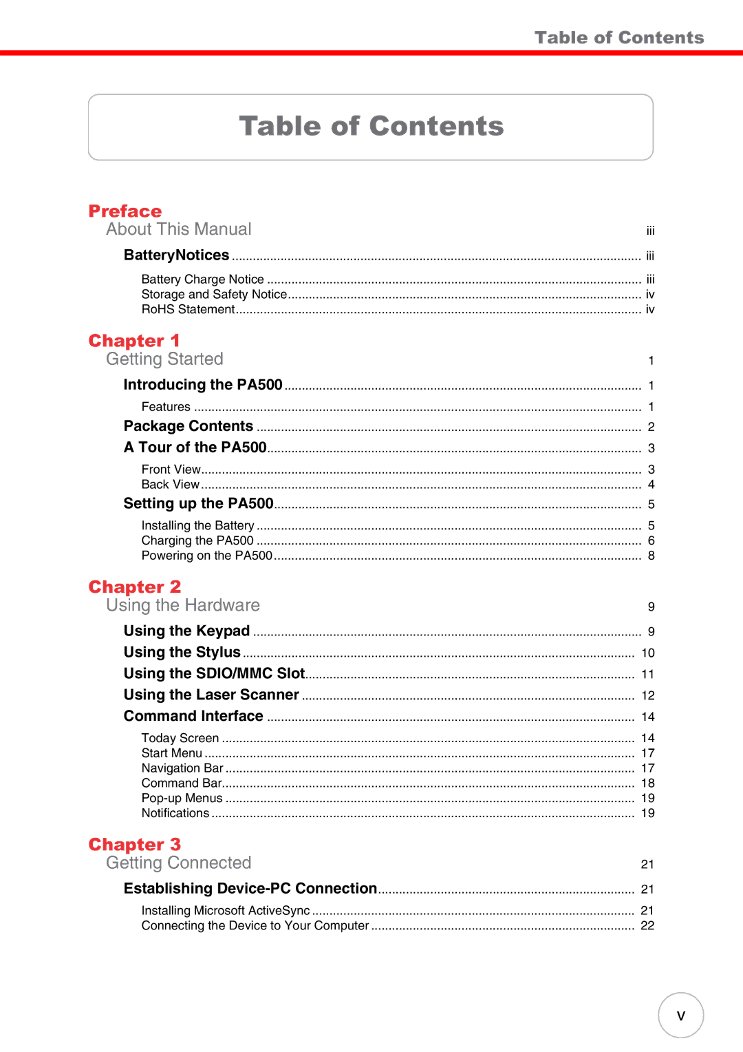 Unitech PA500 user manual Table of Contents 