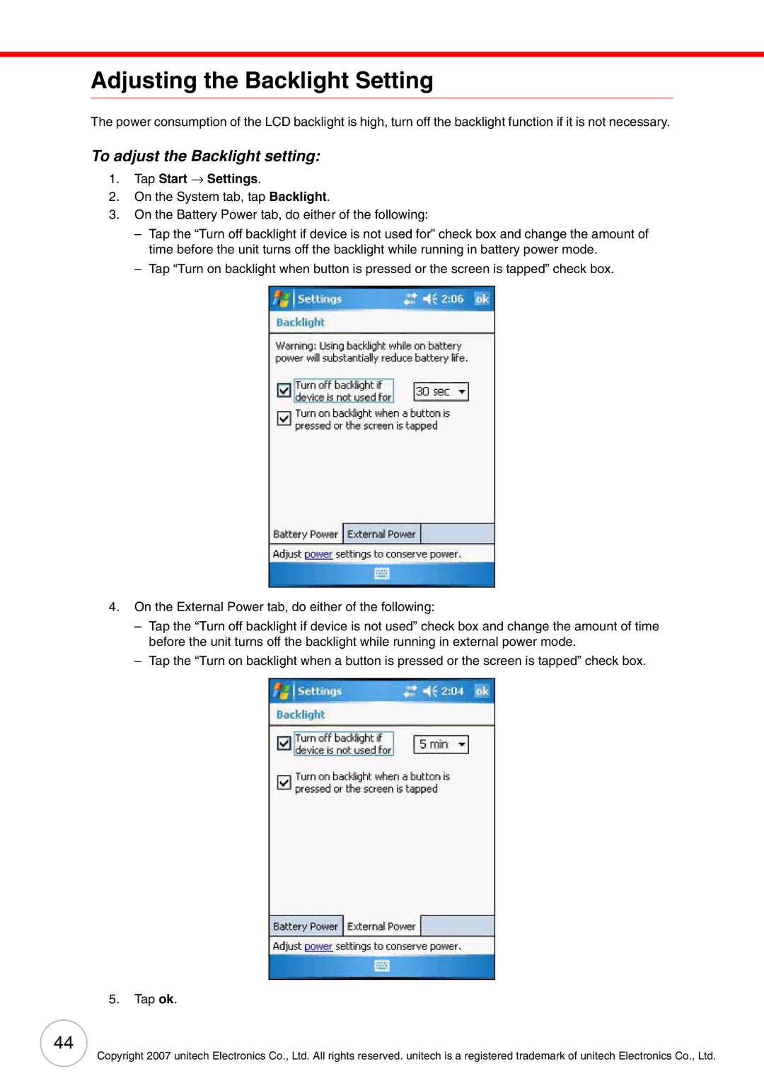 Unitech PA500 user manual Adjusting the Backlight Setting, To adjust the Backlight setting 