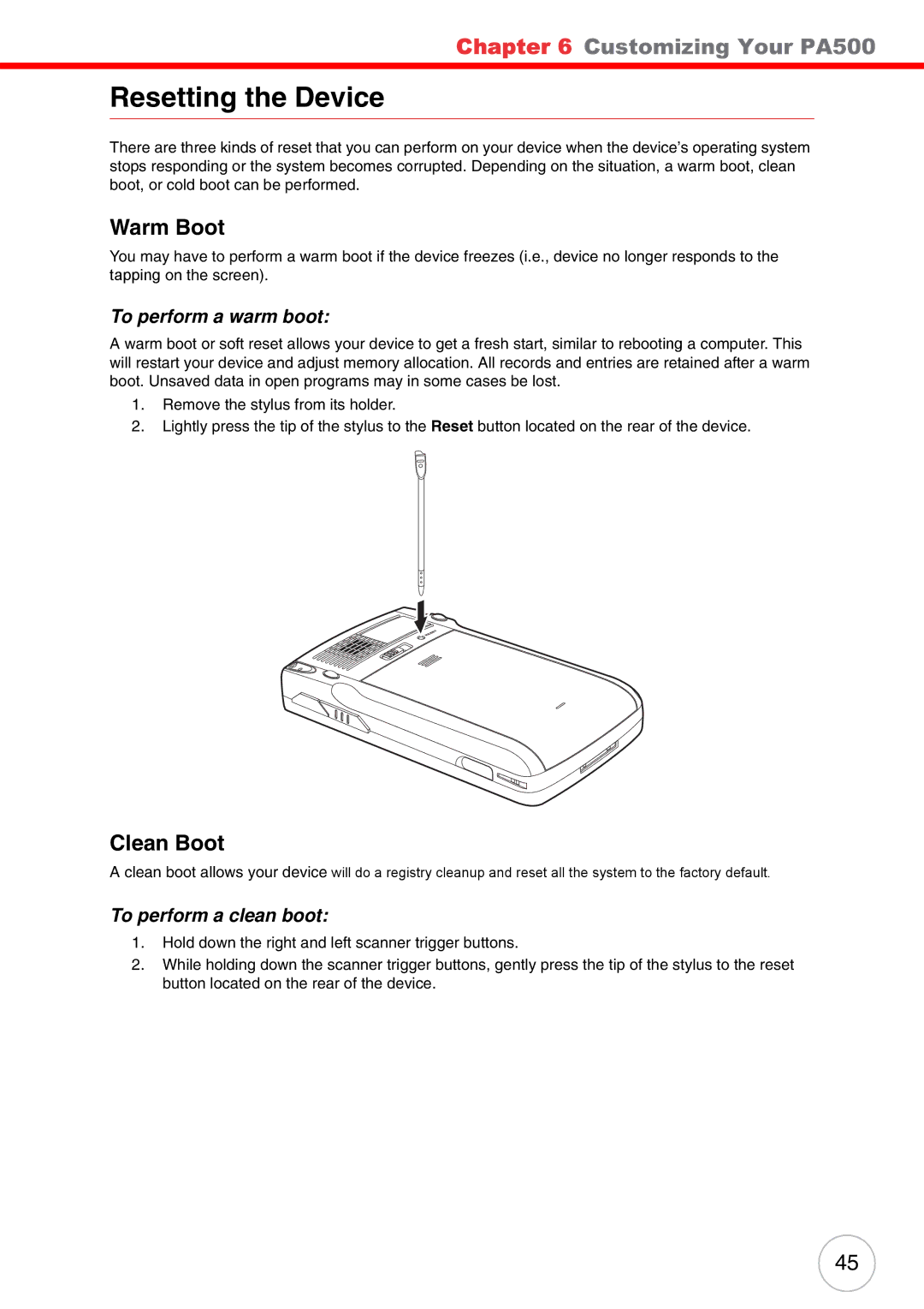 Unitech PA500 user manual Resetting the Device, Warm Boot, Clean Boot, To perform a warm boot, To perform a clean boot 