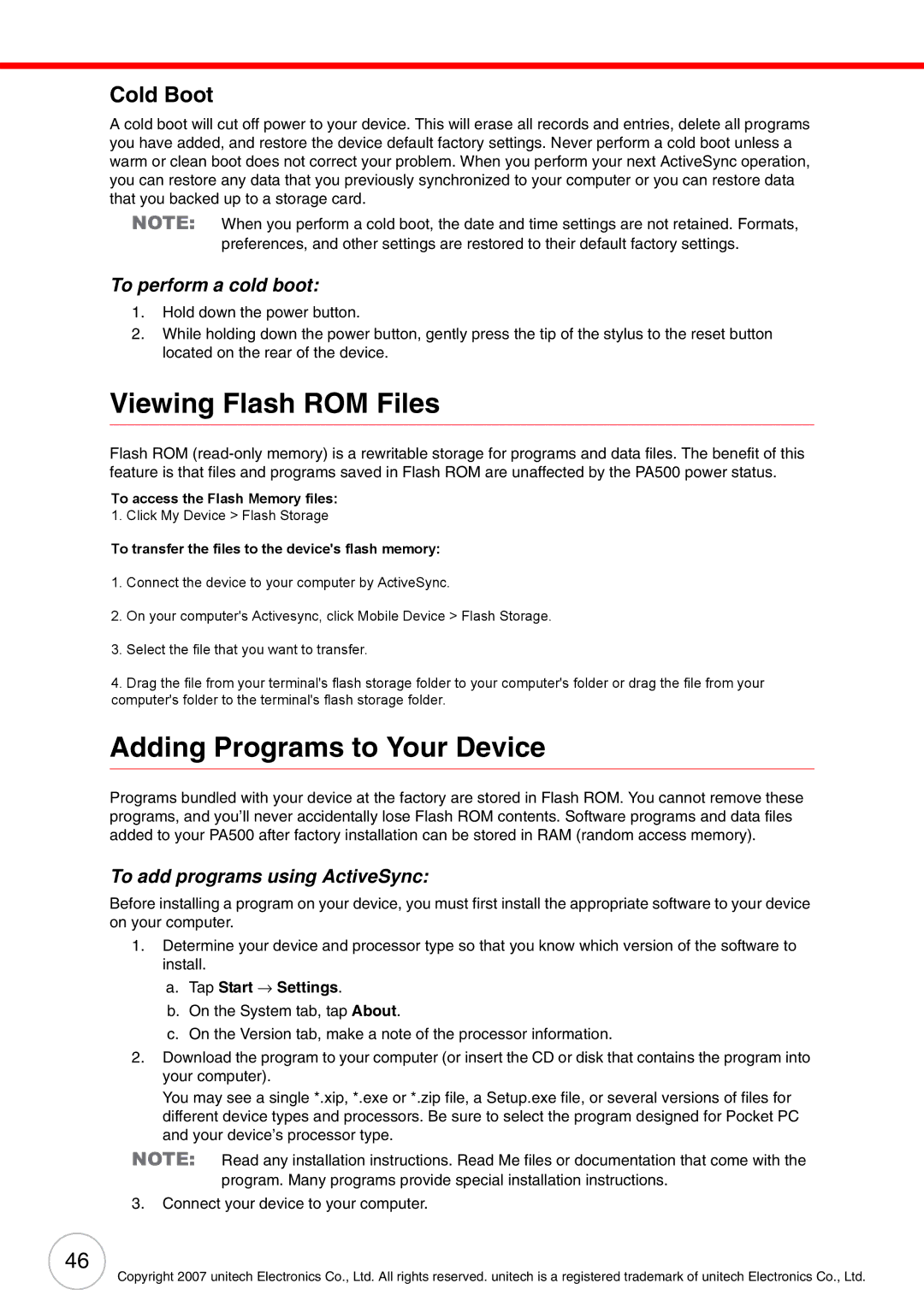 Unitech PA500 user manual Viewing Flash ROM Files, Adding Programs to Your Device, Cold Boot 