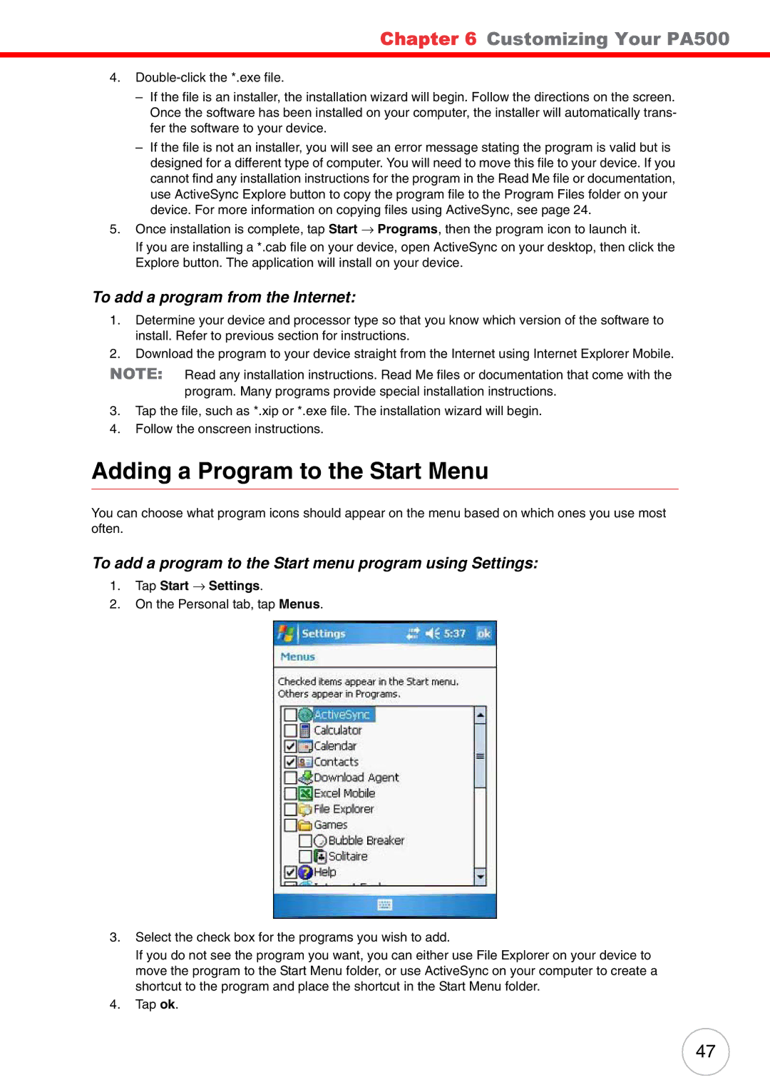 Unitech PA500 user manual Adding a Program to the Start Menu, To add a program from the Internet 