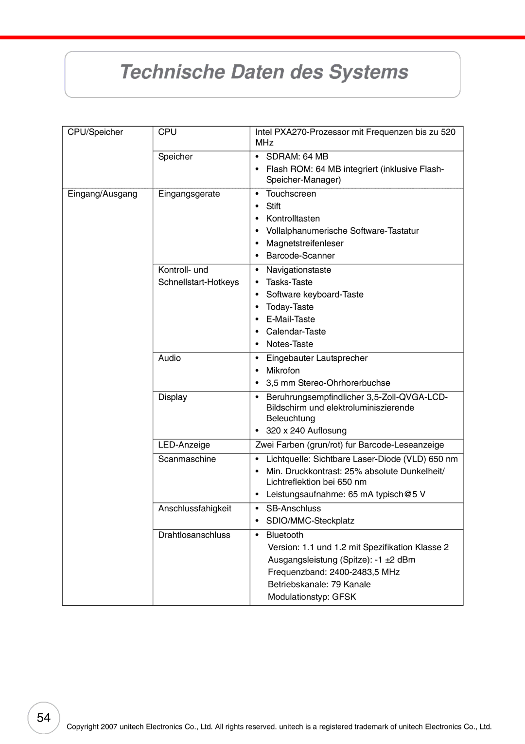 Unitech PA500 user manual Technische Daten des Systems 