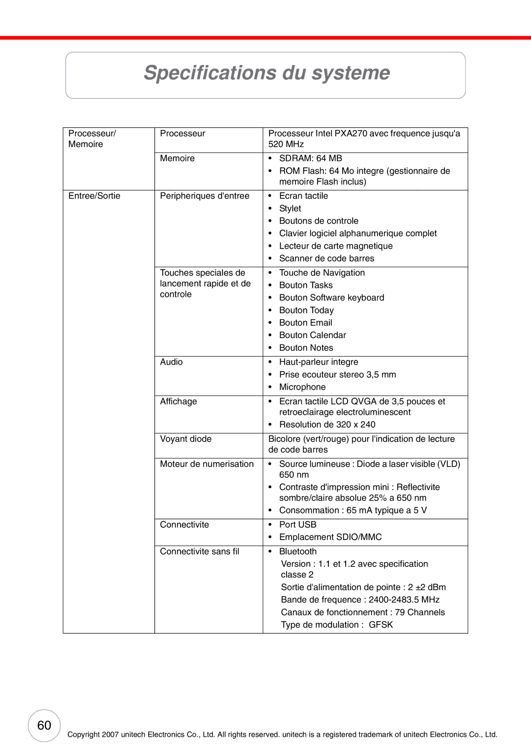 Unitech PA500 user manual Specifications du systeme 