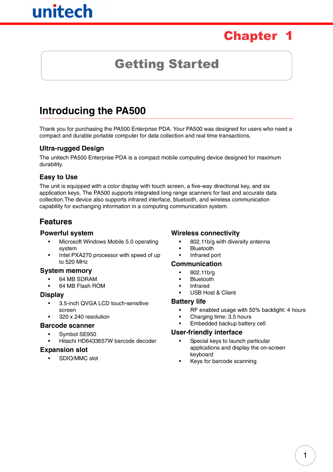 Unitech user manual Introducing the PA500, Features 