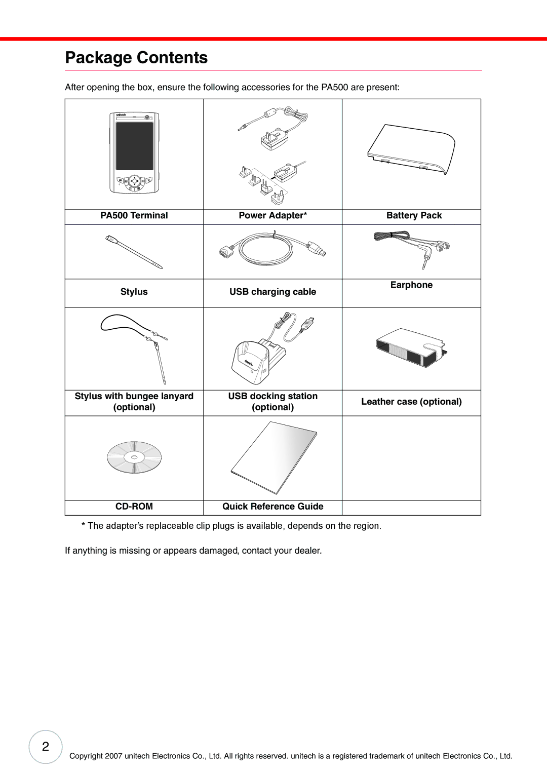 Unitech PA500 user manual Package Contents 