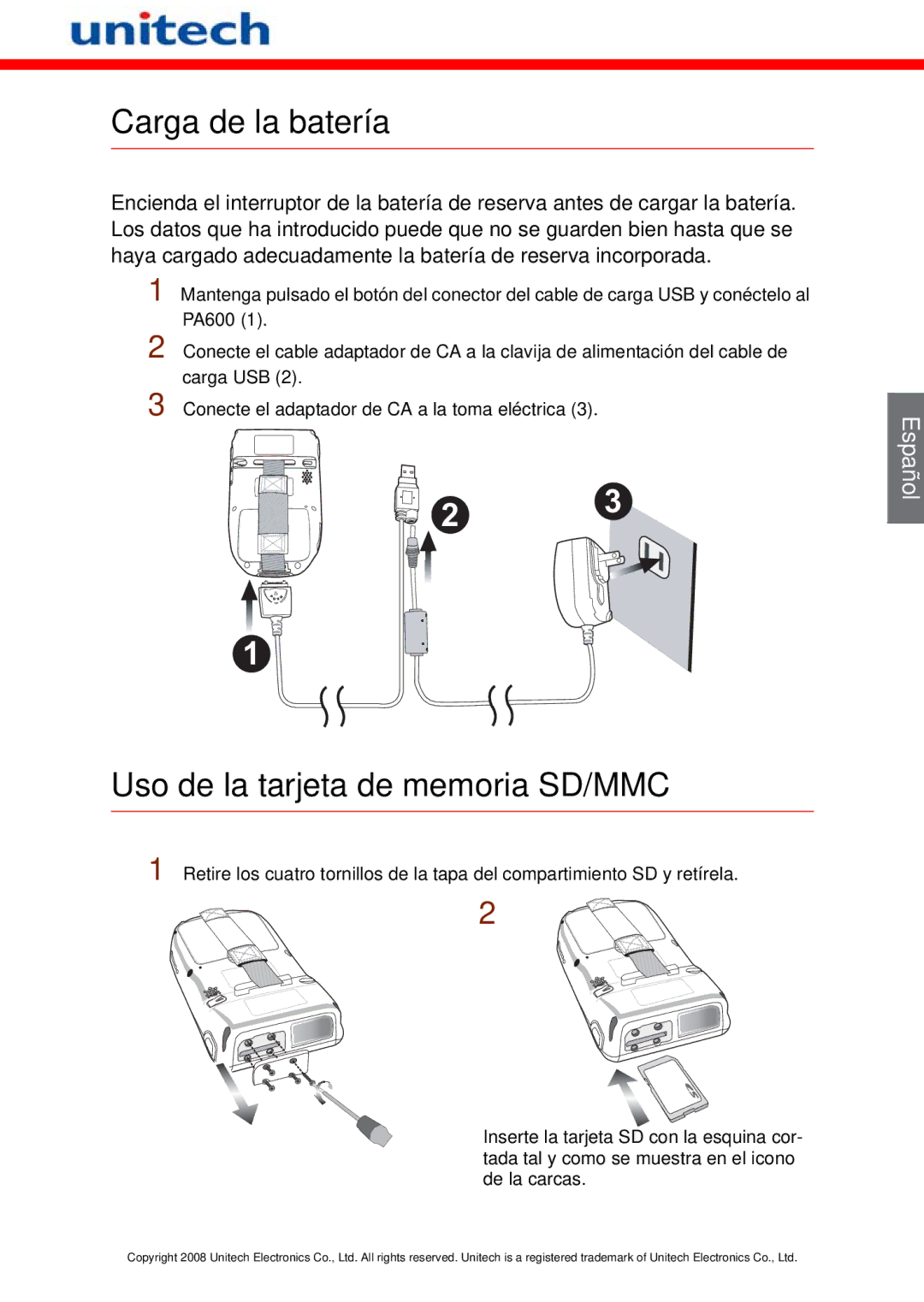 Unitech PA600 manual Carga de la batería, Uso de la tarjeta de memoria SD/MMC 