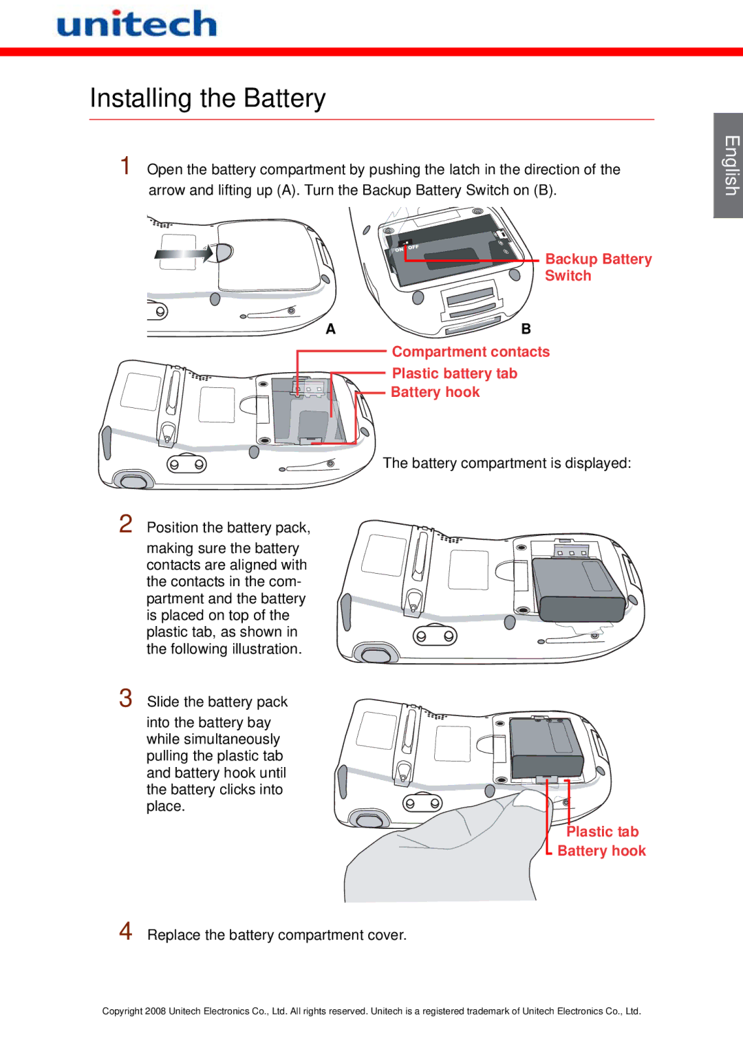 Unitech PA600 manual Installing the Battery, Battery hook 