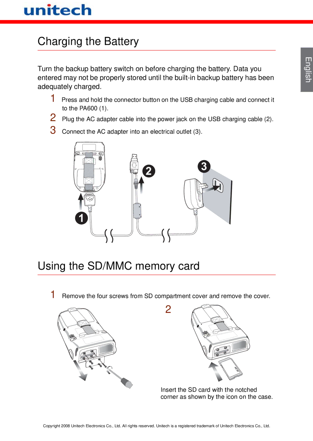 Unitech PA600 manual Charging the Battery, Using the SD/MMC memory card 