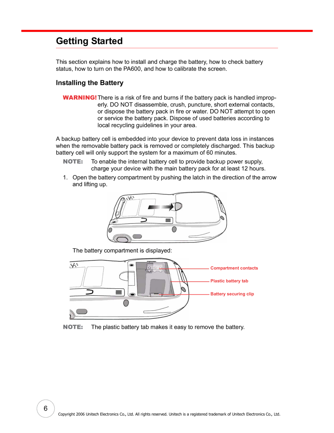 Unitech PA600 user manual Getting Started, Installing the Battery 