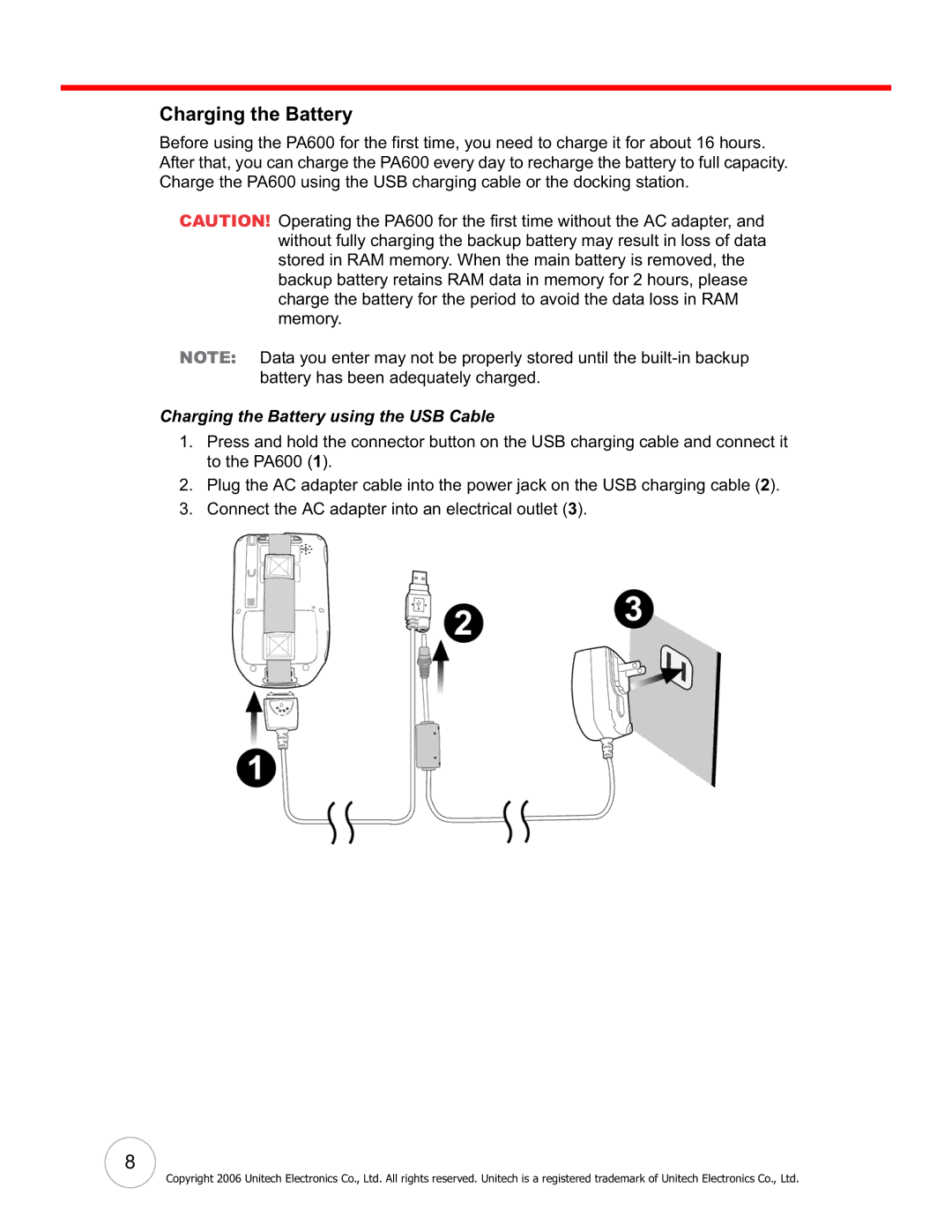 Unitech PA600 user manual Charging the Battery using the USB Cable 