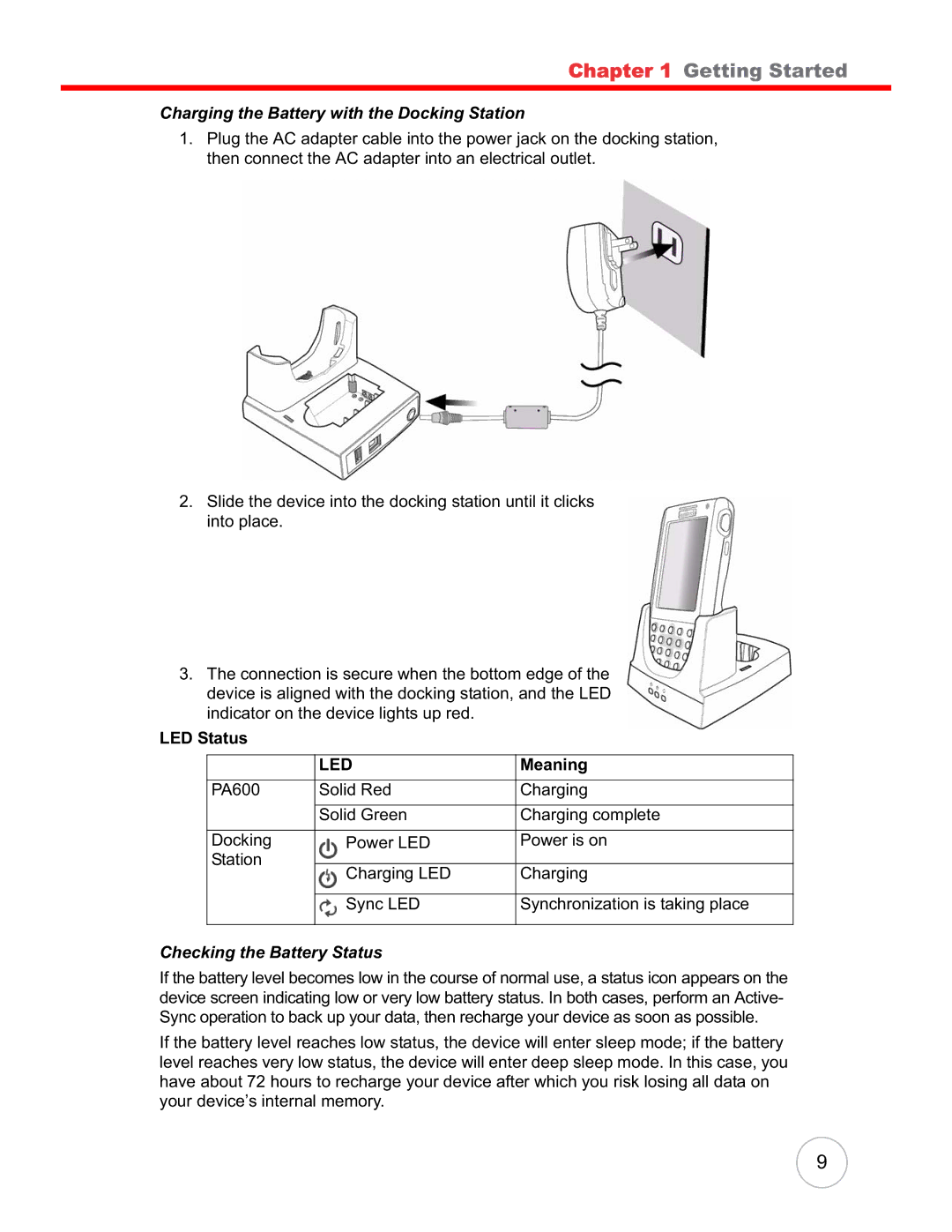 Unitech PA600 user manual Charging the Battery with the Docking Station, LED Status, Meaning, Checking the Battery Status 