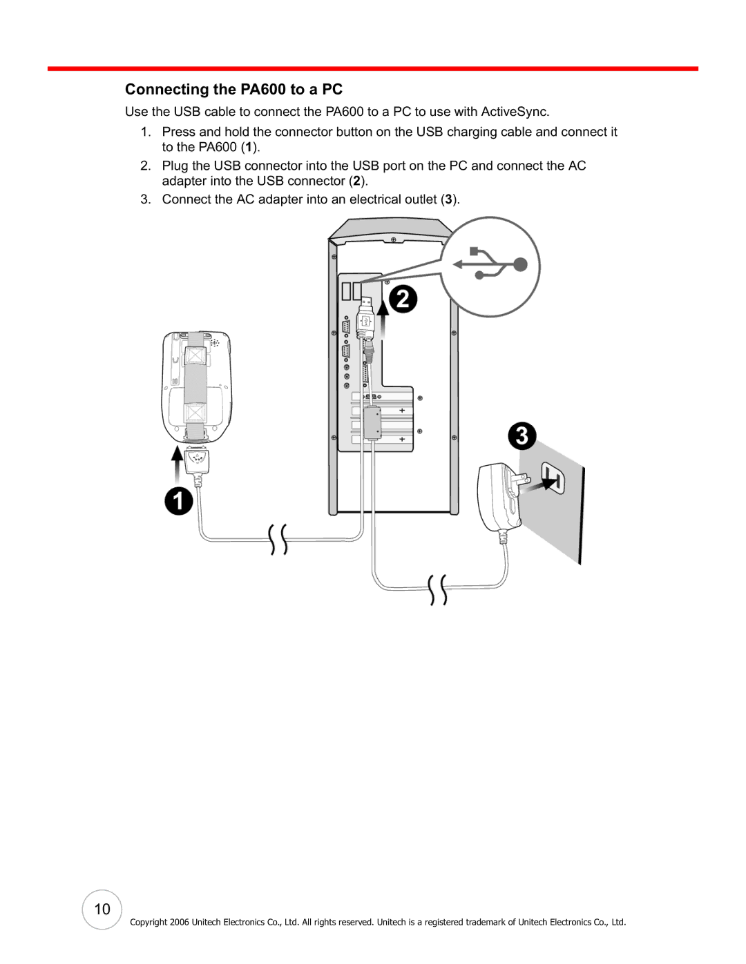 Unitech user manual Connecting the PA600 to a PC 