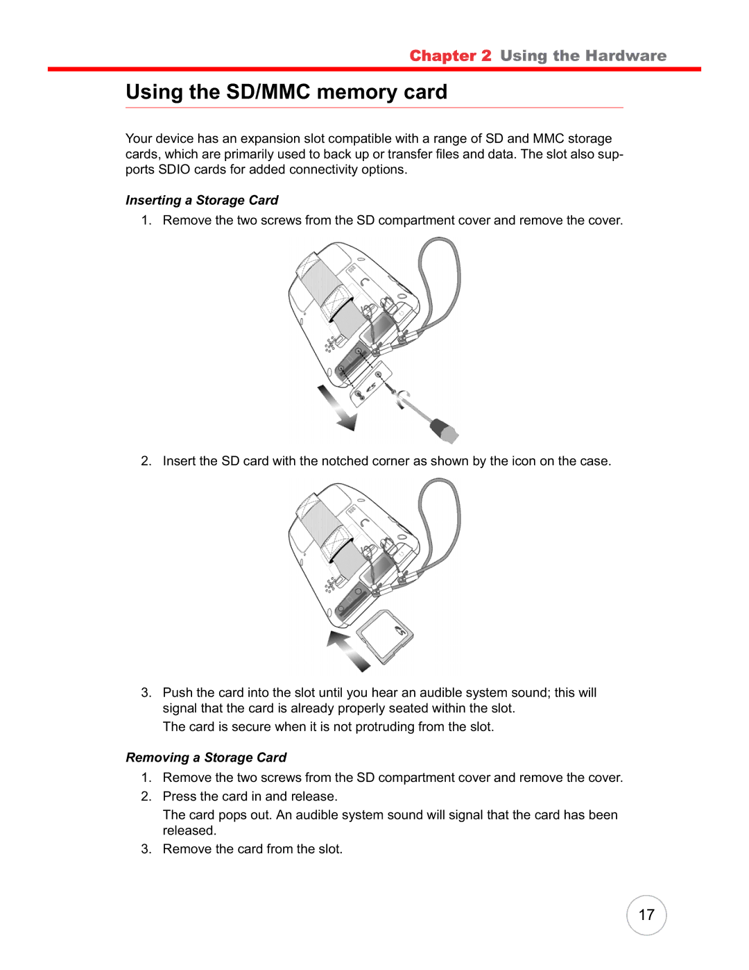 Unitech PA600 user manual Using the SD/MMC memory card, Inserting a Storage Card, Removing a Storage Card 