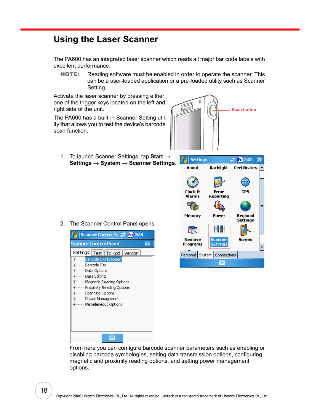 Unitech PA600 user manual Using the Laser Scanner 