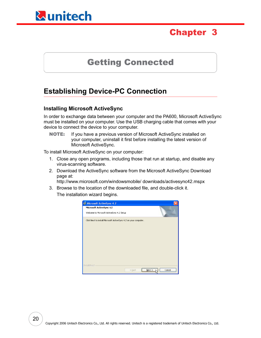 Unitech PA600 user manual Getting Connected, Establishing Device-PC Connection, Installing Microsoft ActiveSync 