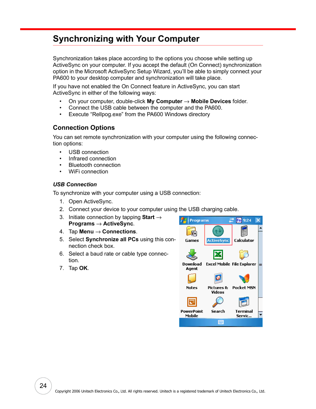 Unitech PA600 user manual Synchronizing with Your Computer, Connection Options, USB Connection, Tap Menu → Connections 