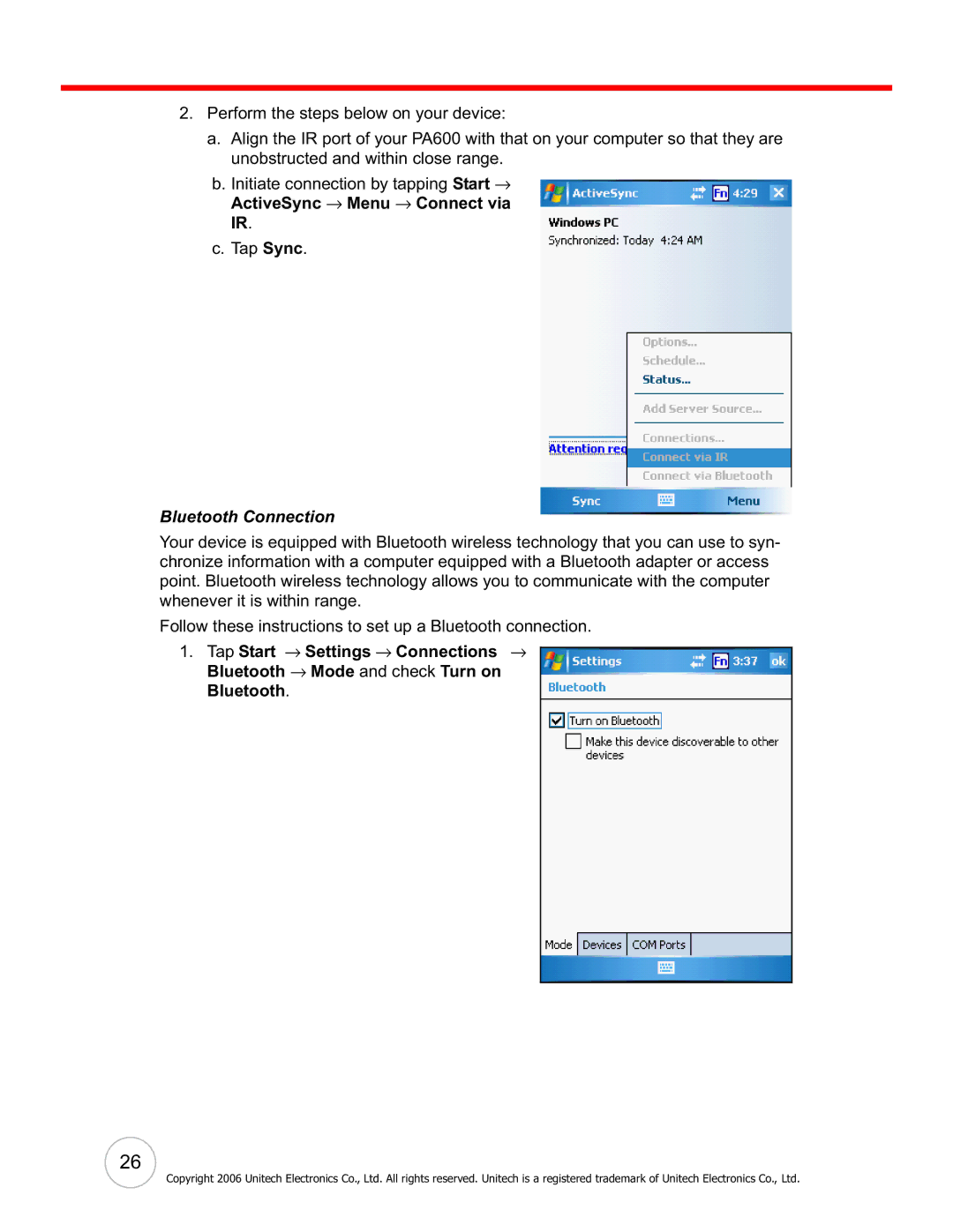 Unitech PA600 user manual Bluetooth Connection 