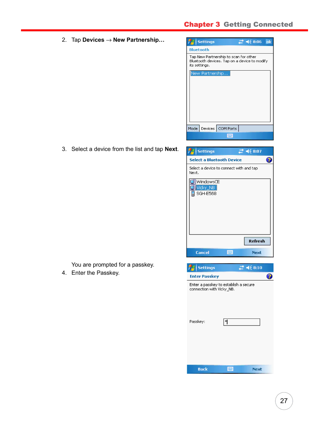 Unitech PA600 user manual Tap Devices → New Partnership… 