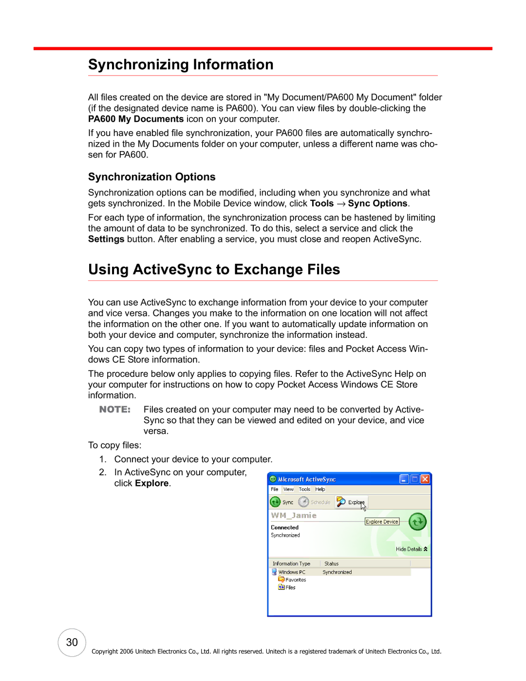 Unitech PA600 user manual Synchronizing Information, Using ActiveSync to Exchange Files, Synchronization Options 