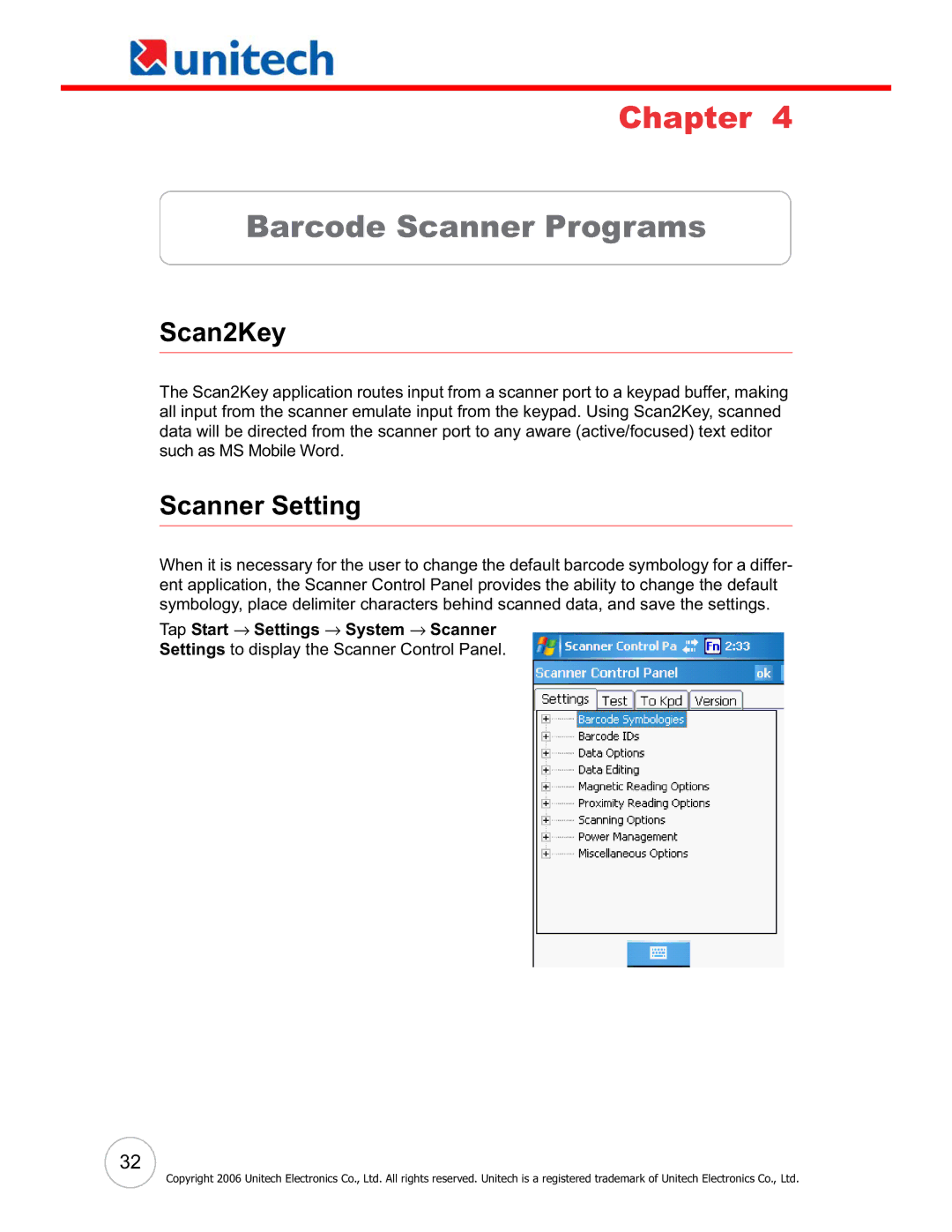 Unitech PA600 user manual Barcode Scanner Programs, Scan2Key, Scanner Setting 