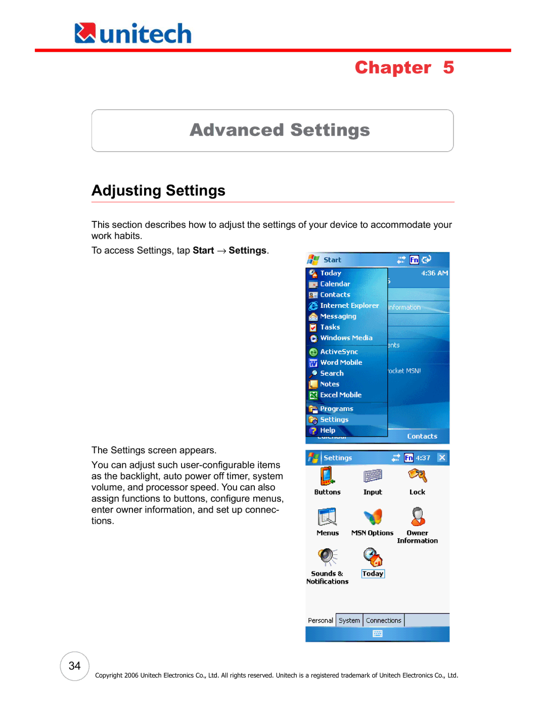 Unitech PA600 user manual Advanced Settings, Adjusting Settings 