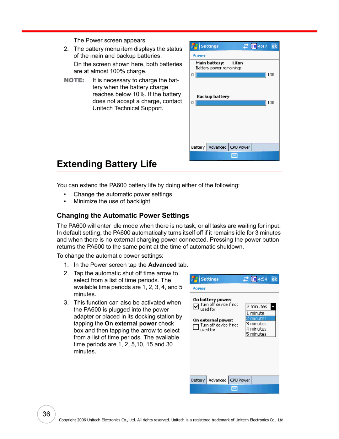 Unitech PA600 user manual Extending Battery Life, Changing the Automatic Power Settings 