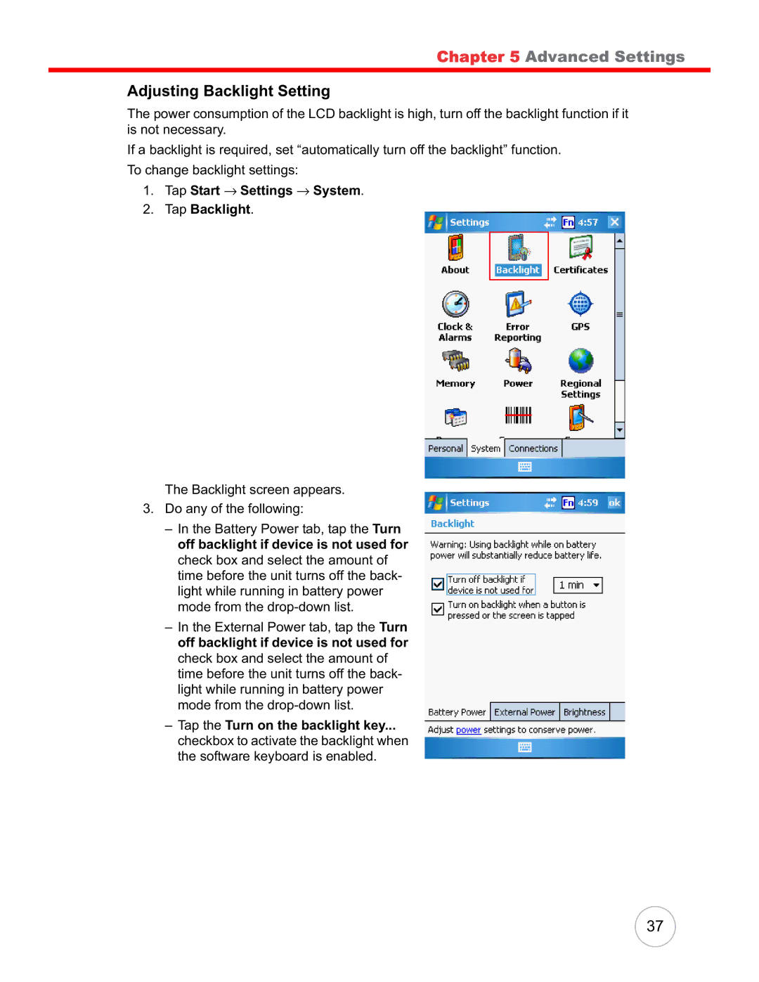 Unitech PA600 Adjusting Backlight Setting, Tap Start → Settings → System Tap Backlight, Tap the Turn on the backlight key 