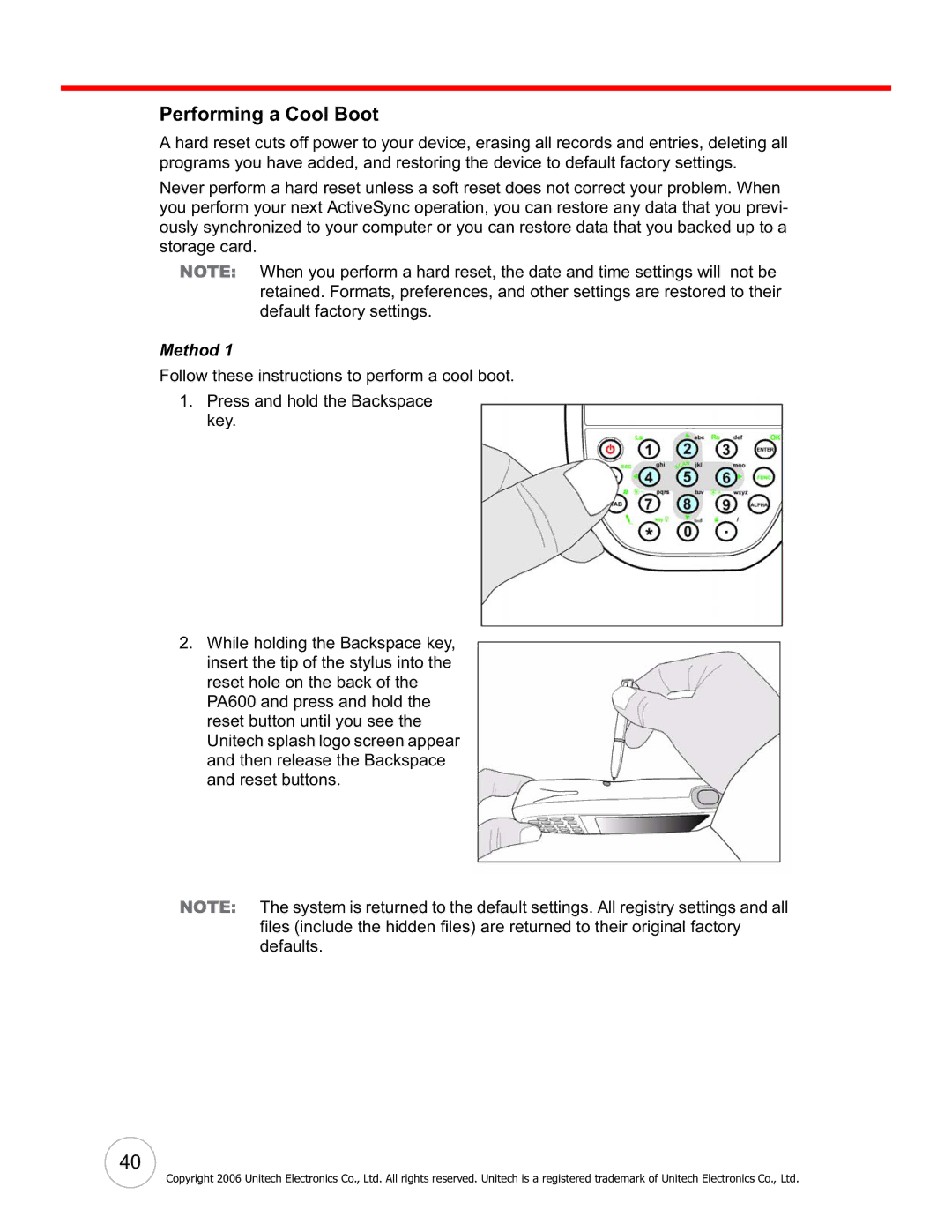 Unitech PA600 user manual Performing a Cool Boot, Method 