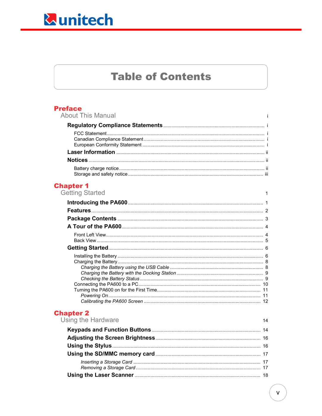 Unitech PA600 user manual Table of Contents 