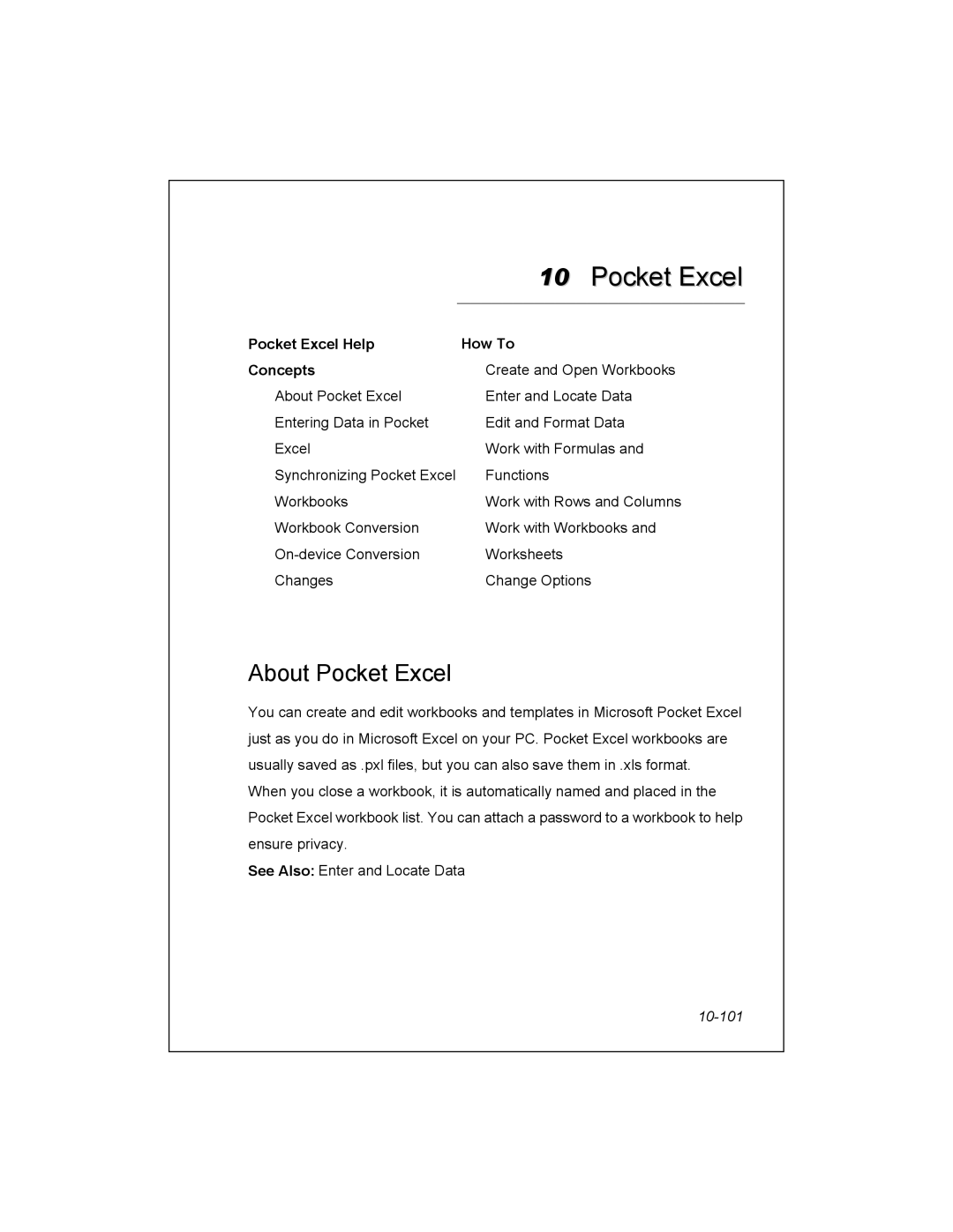 Unitech PA950 manual About Pocket Excel, Pocket Excel Help How To Concepts, 10-101 