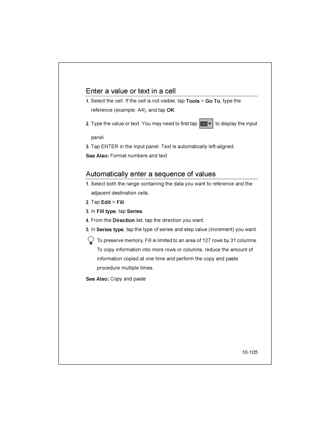 Unitech PA950 manual Enter a value or text in a cell, Automatically enter a sequence of values, 10-105 