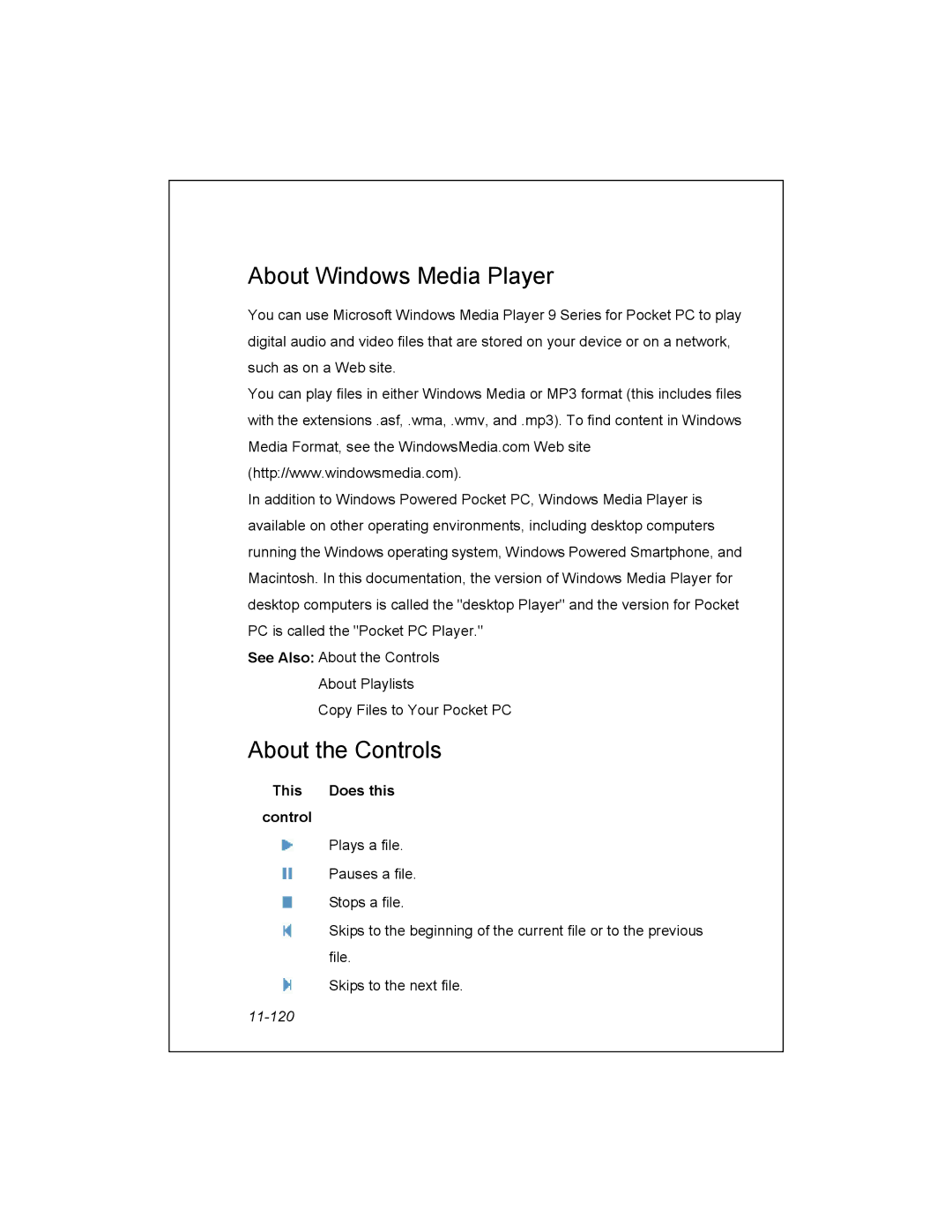 Unitech PA950 manual About Windows Media Player, About the Controls, This Does this control, 11-120 