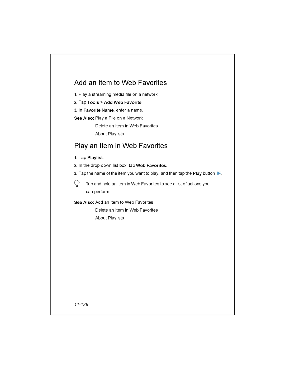 Unitech PA950 manual Add an Item to Web Favorites, Play an Item in Web Favorites, Tap Tools Add Web Favorite, 11-128 