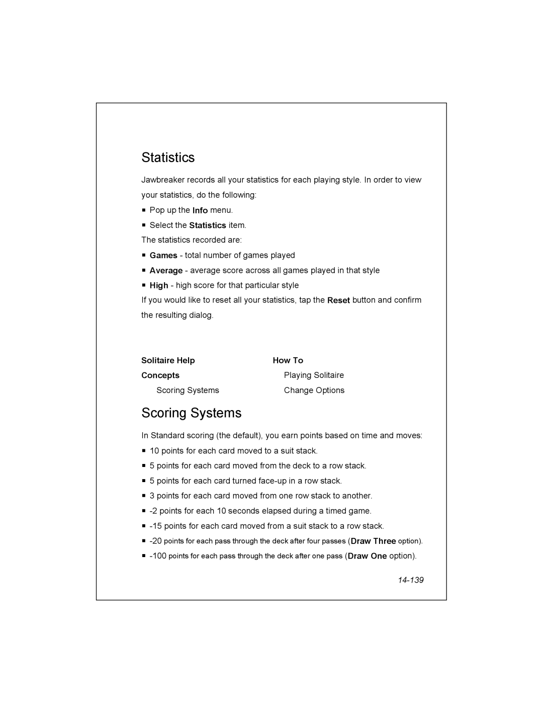 Unitech PA950 manual Statistics, Scoring Systems, Solitaire Help How To Concepts, 14-139 