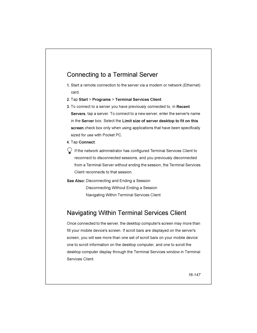 Unitech PA950 manual Connecting to a Terminal Server, Navigating Within Terminal Services Client, Tap Connect, 16-147 