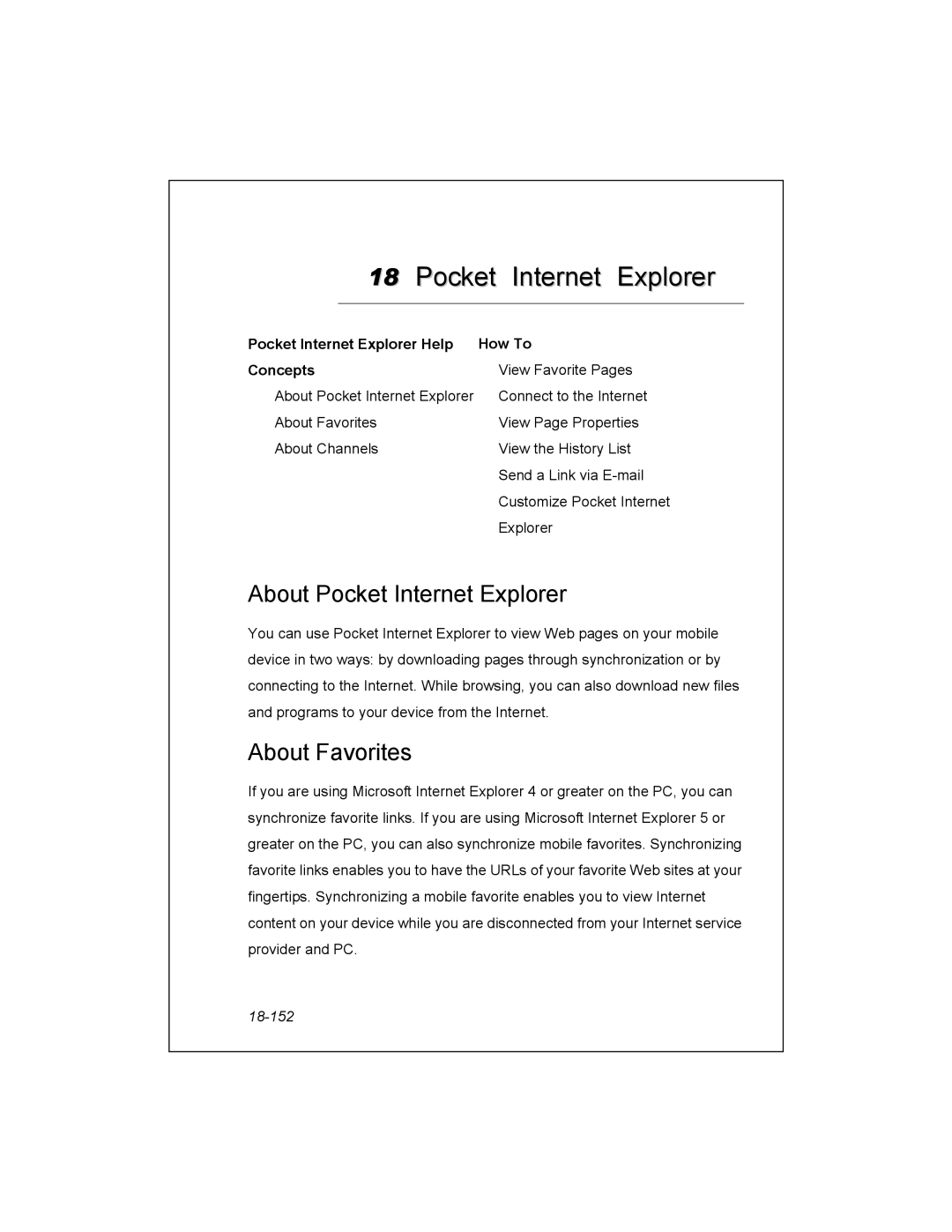 Unitech PA950 About Pocket Internet Explorer, About Favorites, Pocket Internet Explorer Help How To Concepts, 18-152 